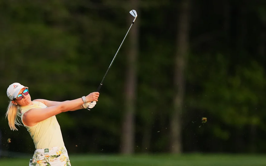 Jodi Ewart Shadoff hits a crisp iron shot during Round 1 of the FM Championship