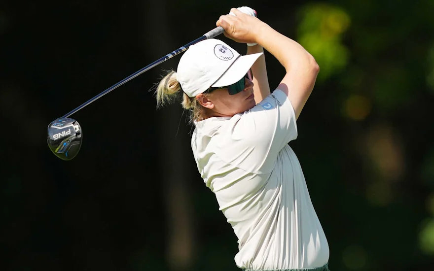 Gigi Stoll hits a tee shot during round one at TPC River's Bend